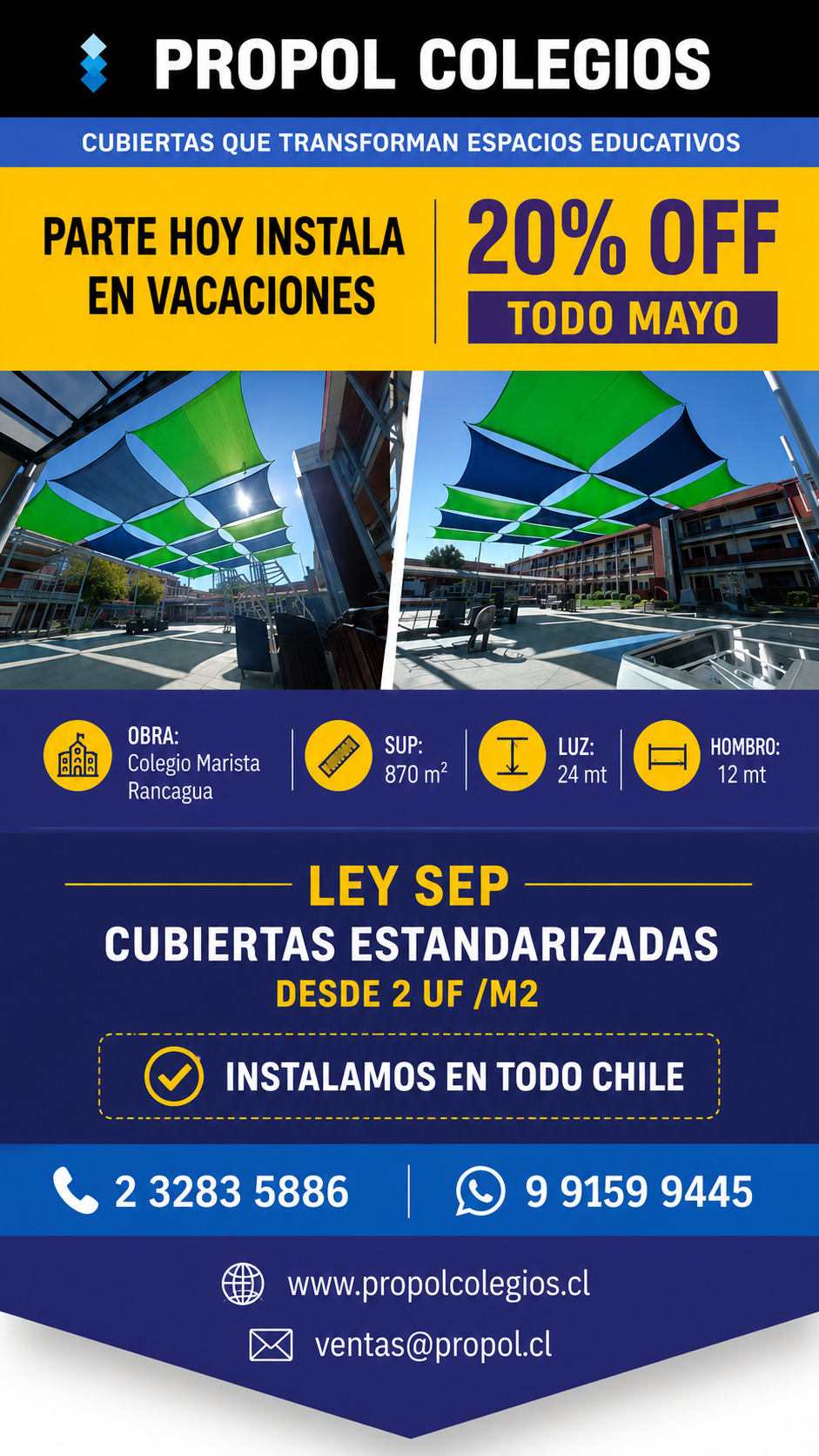 l 50%” y datos de contacto.