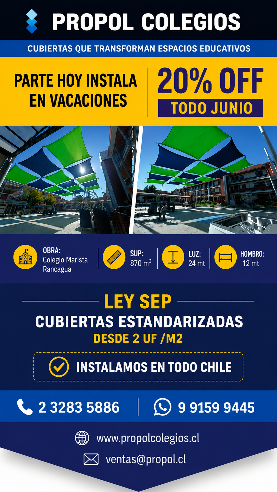 l 50%” y datos de contacto.