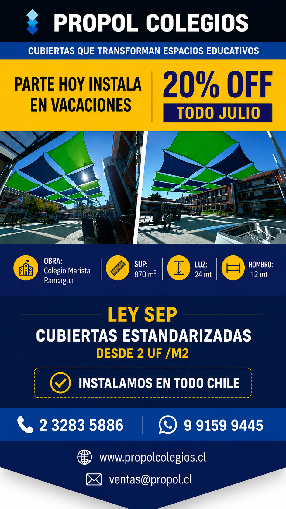l 50%” y datos de contacto.