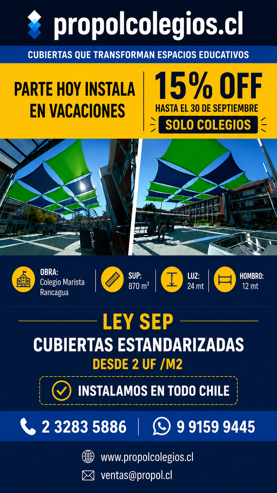 l 50%” y datos de contacto.